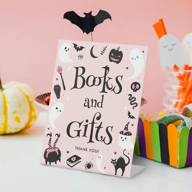 Pink Halloween Baby Shower Books and Gifts  Pedestal Sign (Creator Uploaded)