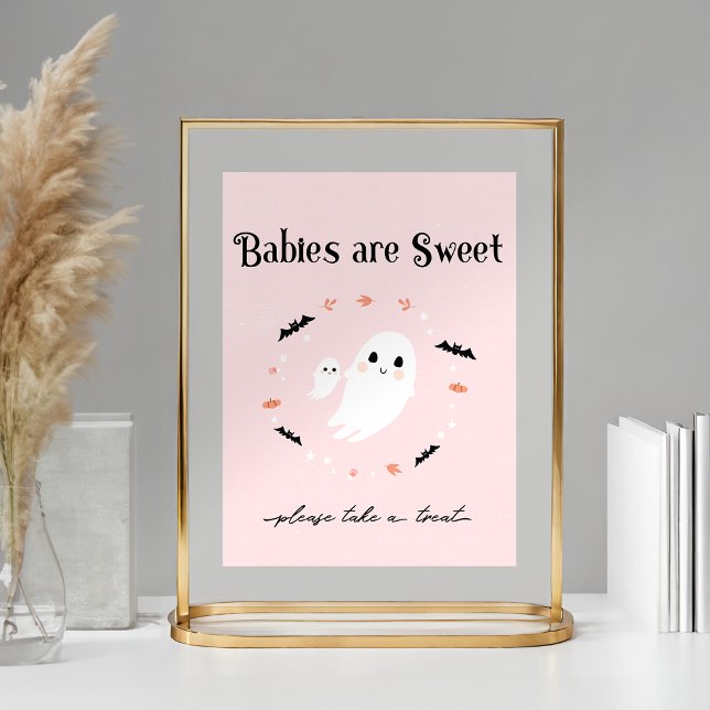 Pink Halloween Baby shower favour sign, Little Boo Poster (Pink Halloween baby showerFavor sign shown with 5x7 print in a gold frame)