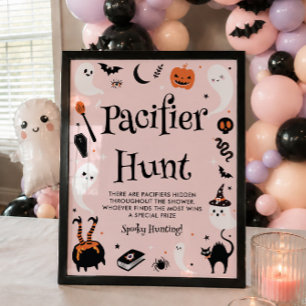 Pink Halloween Baby Shower Girl Pacifier Hunt Game Poster