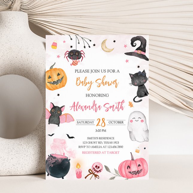 Pink Halloween Baby Shower  Invitation (Pink Ghost Halloween Baby Shower Invitation)