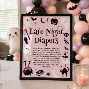 Pink Halloween Baby Shower Late Night Diapers Poster