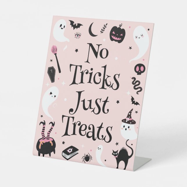 Pink Halloween Baby Shower No Tricks Just Treats Pedestal Sign (Front)