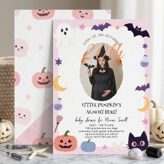 Pink Halloween Baby Shower Photo Little pumpkin Invitation