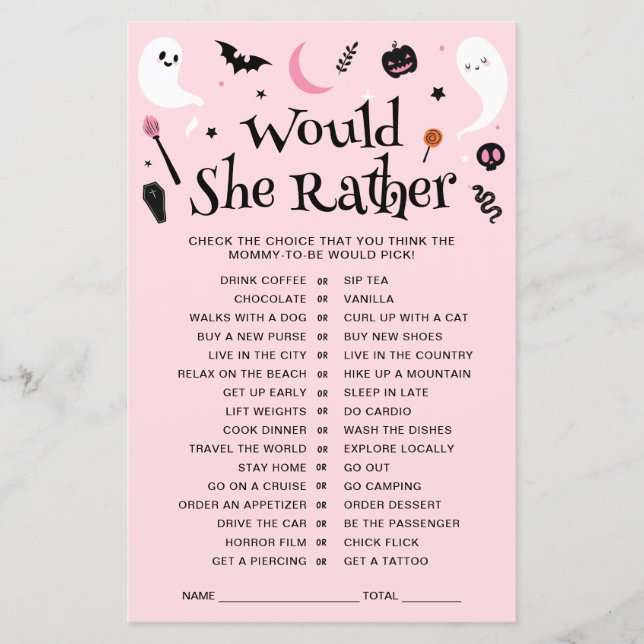Pink Halloween Baby Shower Would She Rather Game (Front)