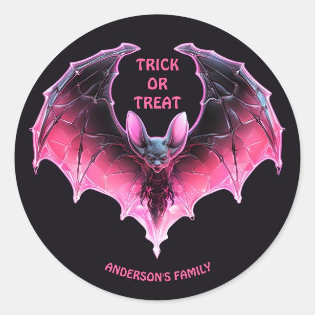 Pink Halloween Bat Trick Or Treat Classic Round Sticker (Front)