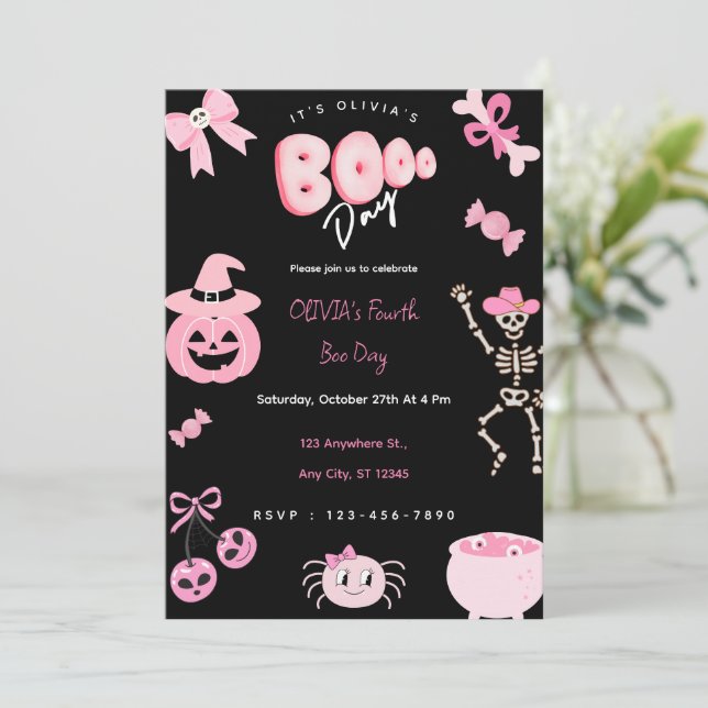 Pink Halloween Birthday Girl Cute Boo Day  Invitation (Standing Front)