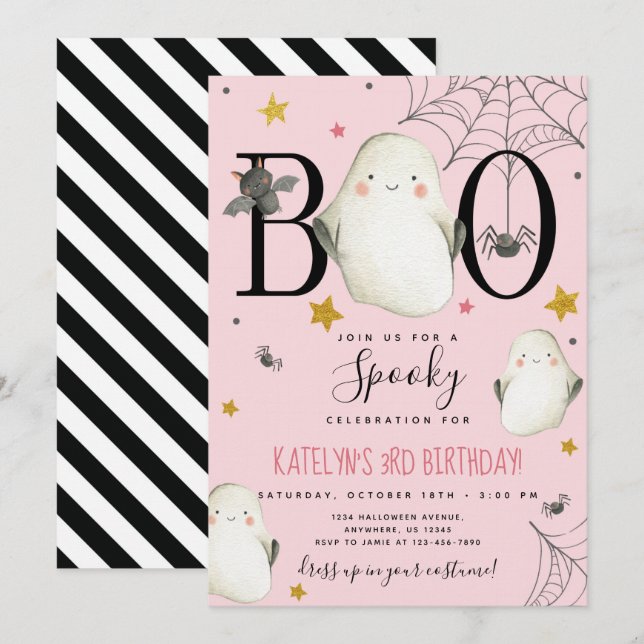 Pink Halloween Birthday Invitation (Front/Back)