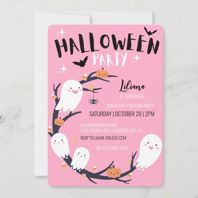Pink Halloween Birthday Party Invitation (Front)