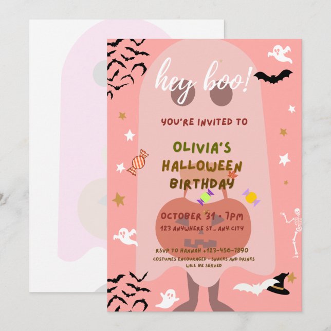  pink Halloween birthday party invitation for kids (Front/Back)