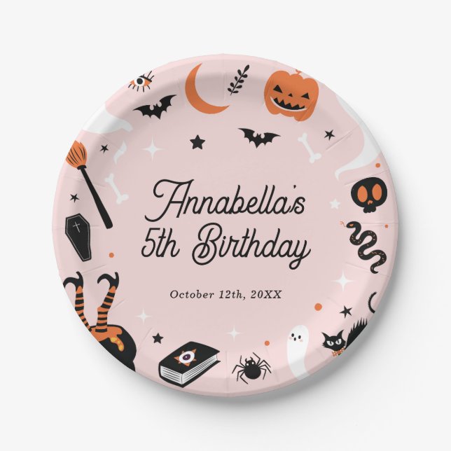 Pink Halloween Birthday Party Paper Plate (Front)