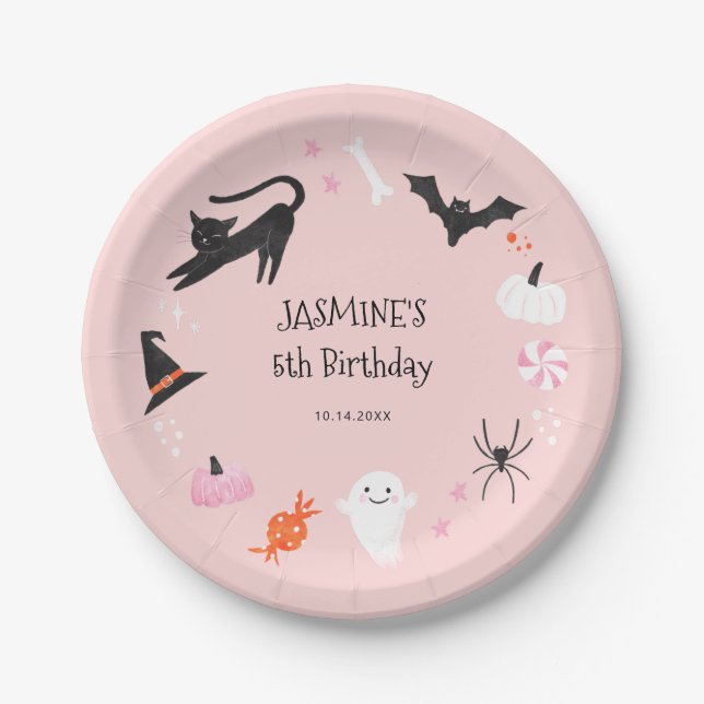 Pink Halloween Birthday Party  Paper Plate (Front)