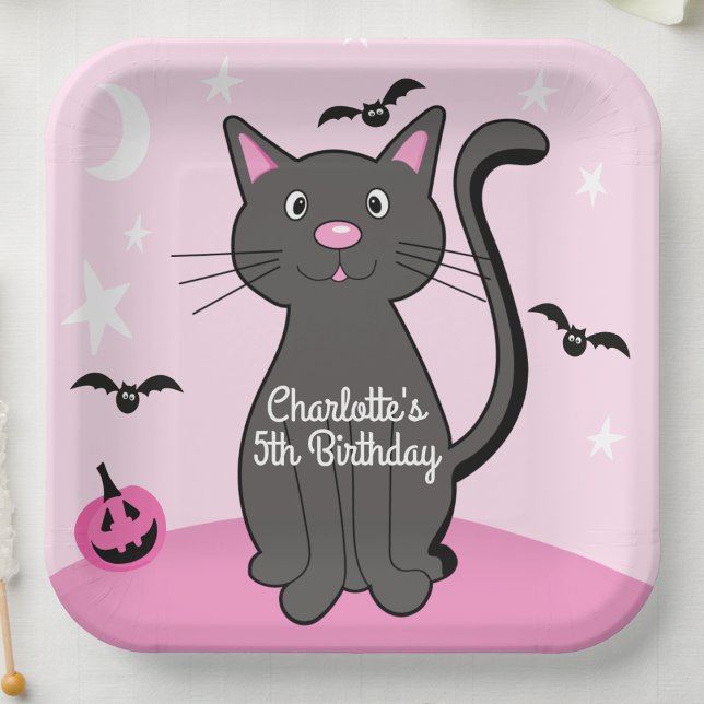 Pink Halloween Black Cat Birthday Girl  Paper Plate (Creator Uploaded)