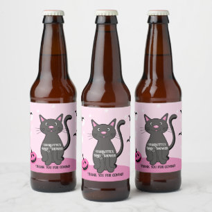 Pink Halloween Black Cat Girl Baby Shower Beer Bottle Label