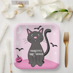 Pink Halloween Black Cat Girl Baby Shower Paper Plate