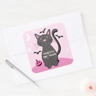 Pink Halloween Black Cat Girl Baby Shower Square Sticker