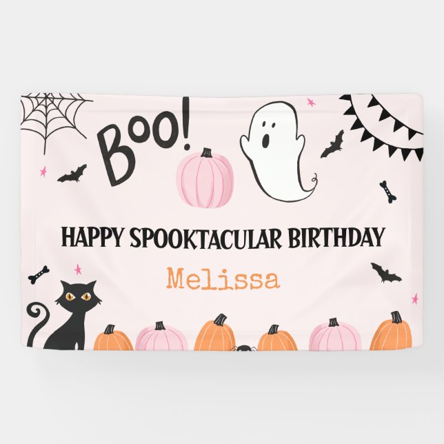Pink Halloween Boo Ghost Girls Happy Birthday Banner (Horizontal)