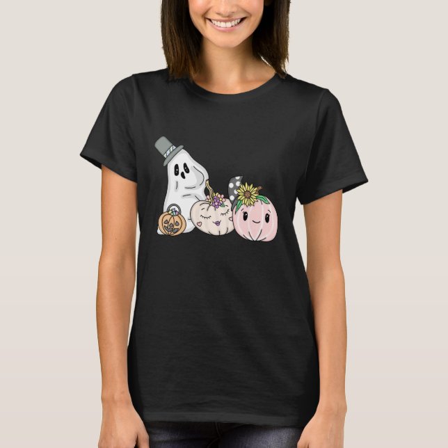 Pink Halloween Boo Ghosts and Pumpkins   T-Shirt (Front)