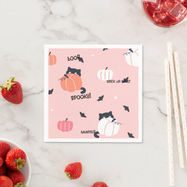 PINK HALLOWEEN CATS PUMPKINS NAPKIN (Insitu)
