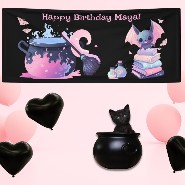 Pink halloween cauldron cute bat happy birthday banner (Have a happy halloween party
)