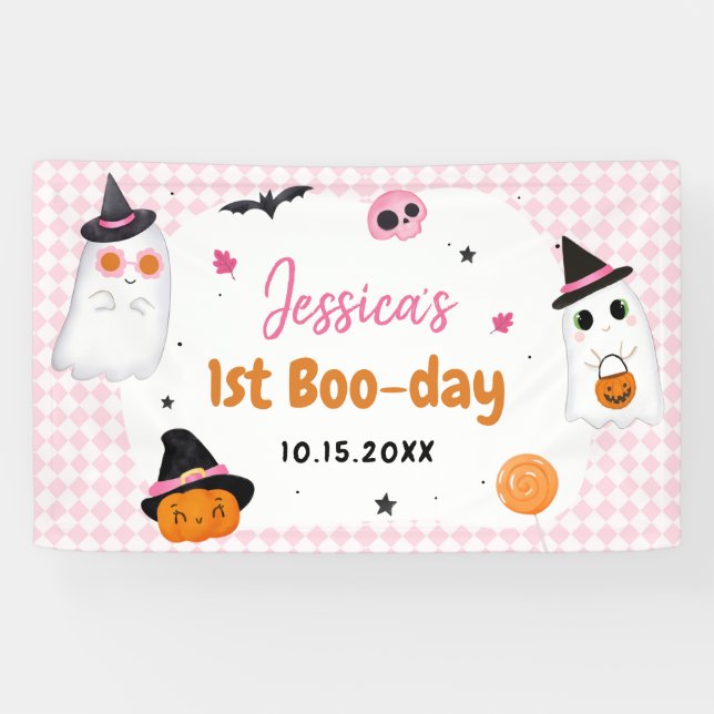Pink Halloween Cute Ghost 1st Birthday Banner (Horizontal)