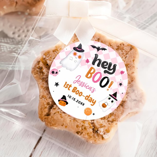 Pink Halloween Cute Ghost 1st Birthday Classic Round Sticker (Creator Uploaded)