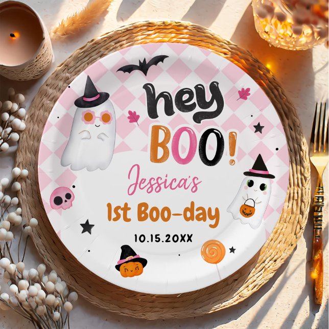 Pink Halloween Cute Ghost 1st Birthday Paper Plate (Creator Uploaded)