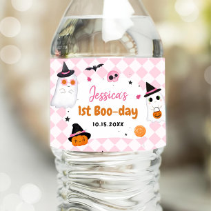 Pink Halloween Cute Ghost 1st Birthday Water Bottle Label