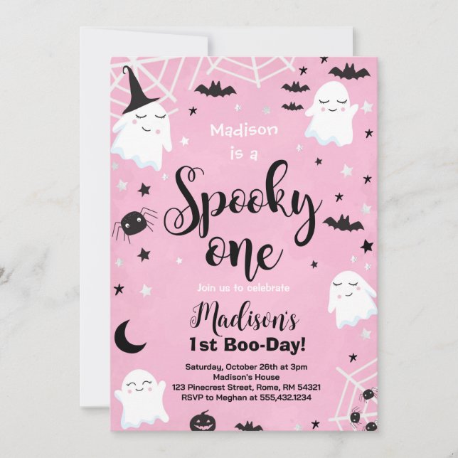 Pink Halloween Cute Ghost Spooky One 1st Birthday  Invitation (Front)