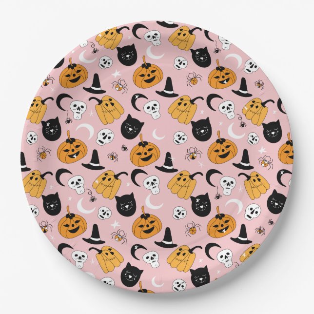 Pink Halloween Design Paper Plate (Front)