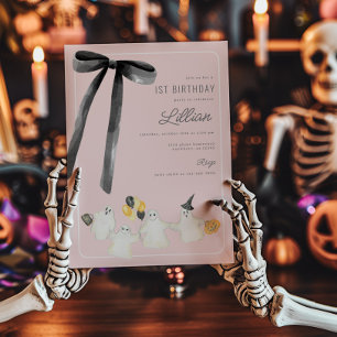 Pink Halloween Ghost and Black Bow Birthday Invitation