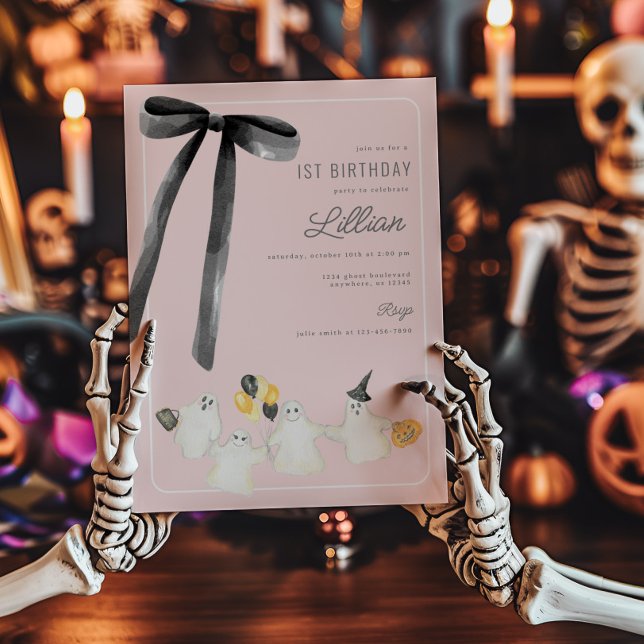 Pink Halloween Ghost and Black Bow Birthday Invitation (Creator Uploaded)