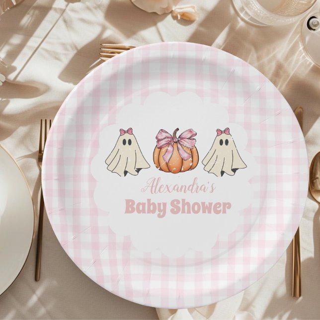 Pink Halloween Ghost Bow Girl Baby Shower Paper Plate (Creator Uploaded)