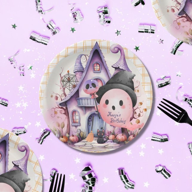 Pink halloween ghost mansion cute birthday  paper plate (Halloween paper plates ghost mansion
)