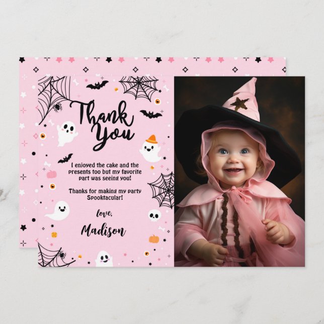 Pink Halloween Ghost Thank You Card with Photo (Front/Back)