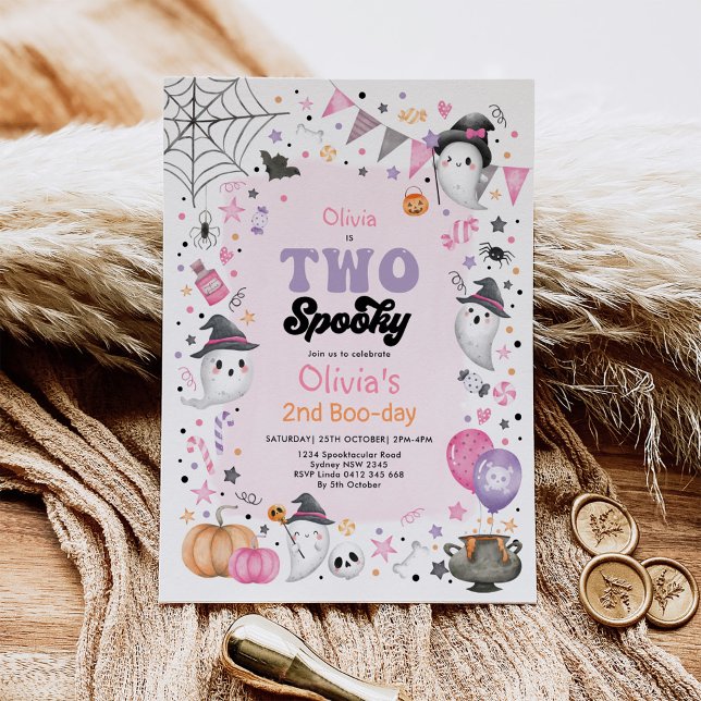 Pink Halloween Ghost Two Spooky 2nd Birthday Invitation (Creator Uploaded)