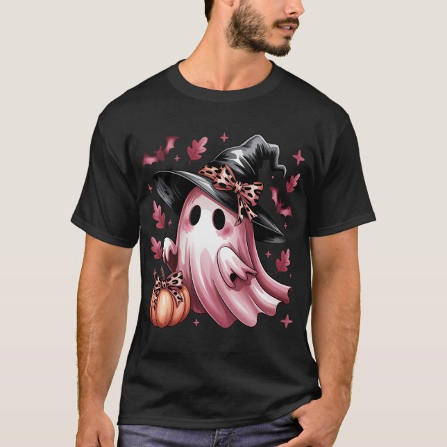 Pink Halloween Ghost Witch Coquette Breast Cancer  T-Shirt (Front)