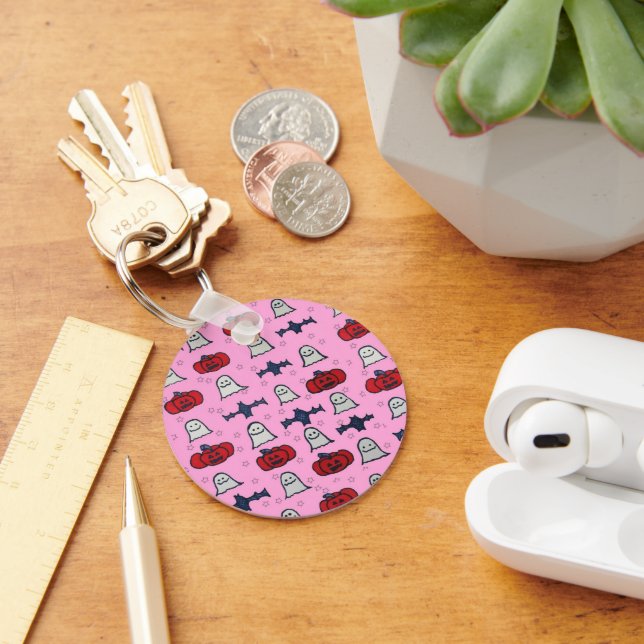 Pink Halloween Ghosts, Bats, and Jack o Lanterns Key Ring (Desk)