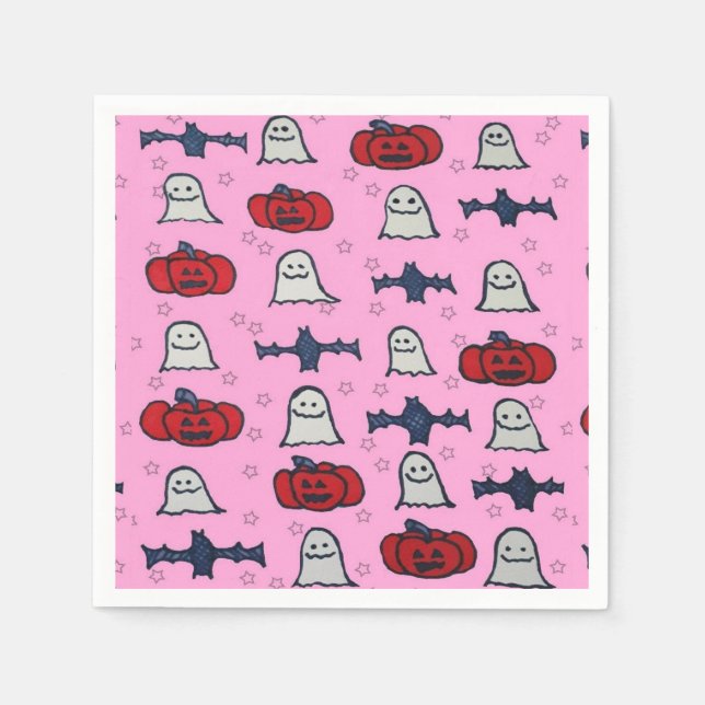 Pink Halloween Ghosts, Bats, and Jack o Lanterns Napkin (Front)