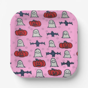 Pink Halloween Ghosts, Bats, and Jack o Lanterns Paper Plate