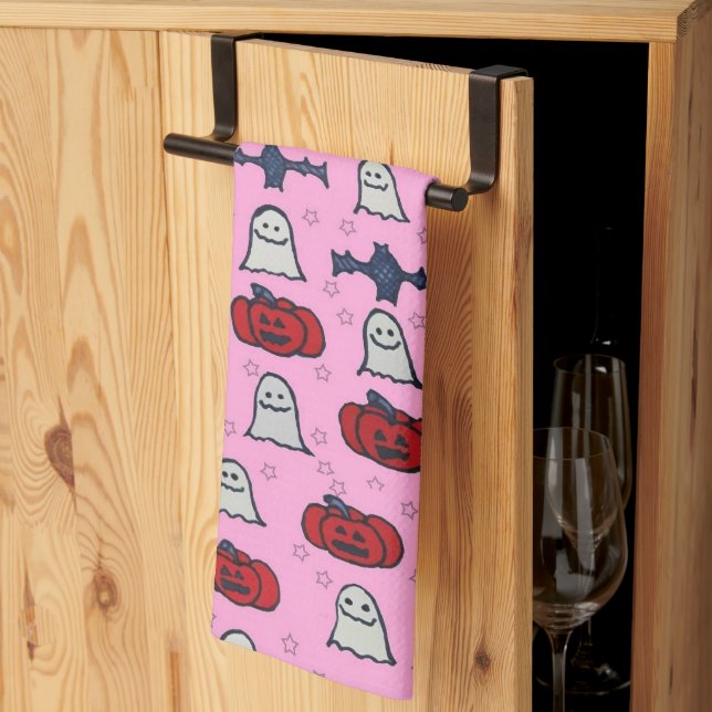 Pink Halloween Ghosts, Bats, and Jack o Lanterns Tea Towel (Thirds Fold)