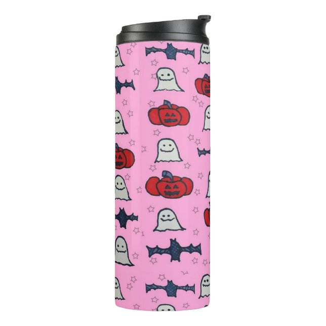 Pink Halloween Ghosts, Bats, and Jack o Lanterns Thermal Tumbler (Rotated Left)