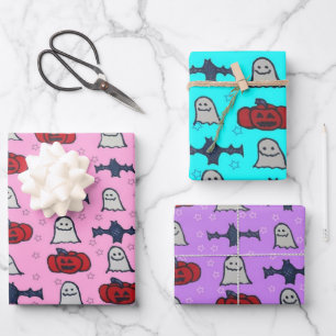 Pink Halloween Ghosts, Bats, and Jack o Lanterns Wrapping Paper Sheet