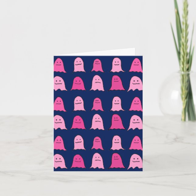 Pink Halloween Ghosts on Dark Blue Card (Front)