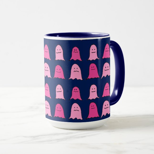 Pink Halloween Ghosts on Dark Blue Mug (Front Right)