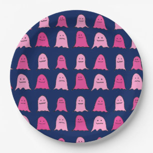 Pink Halloween Ghosts on Dark Blue Paper Plate