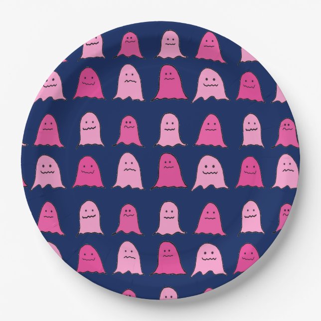 Pink Halloween Ghosts on Dark Blue Paper Plate (Front)