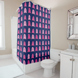 Pink Halloween Ghosts on Dark Blue Shower Curtain