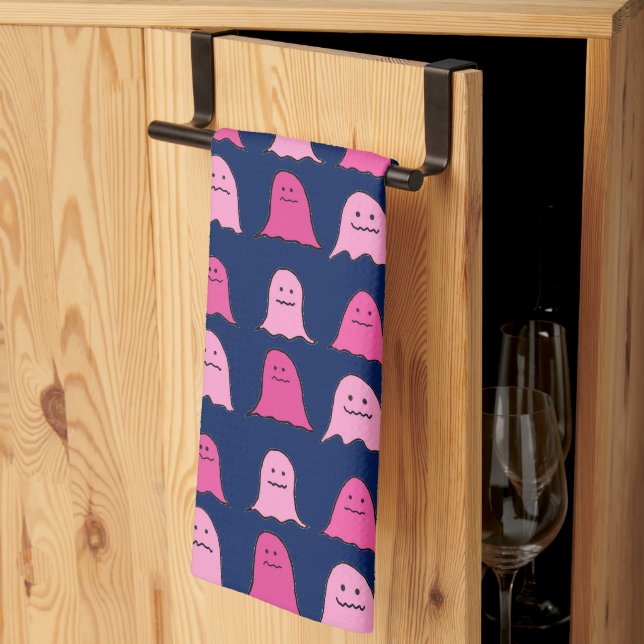 Pink Halloween Ghosts on Dark Blue Tea Towel (Thirds Fold)