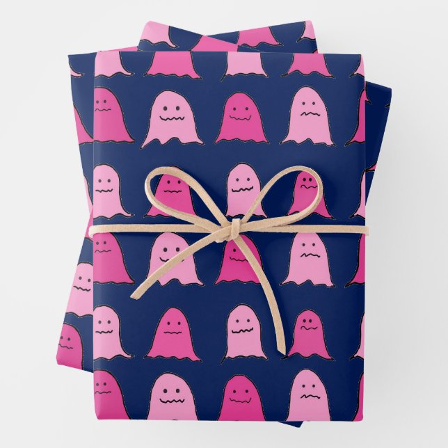 Pink Halloween Ghosts on Dark Blue Wrapping Paper Sheet (In situ)