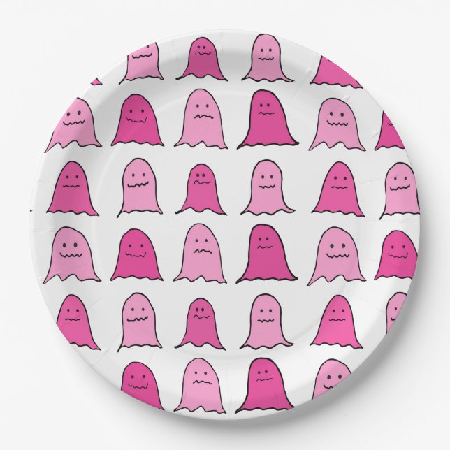 Pink Halloween Ghosts Paper Plate (Front)
